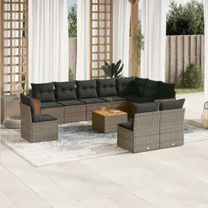 vidaXL Salon de jardin 11 pcs avec coussins gris résine tressée pas cher