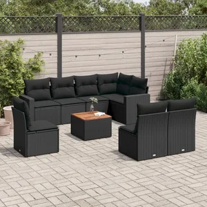 vidaXL Salon de jardin 9 pcs avec coussins noir résine tressée pas cher