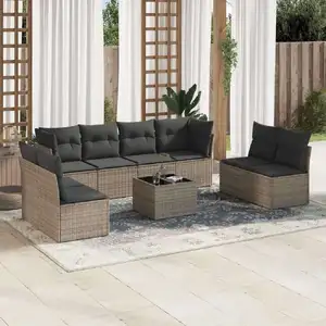 vidaXL Salon de jardin 9 pcs avec coussins gris résine tressée pas cher