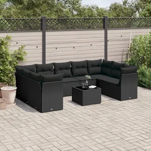 vidaXL Salon de jardin 10 pcs avec coussins noir résine tressée pas cher