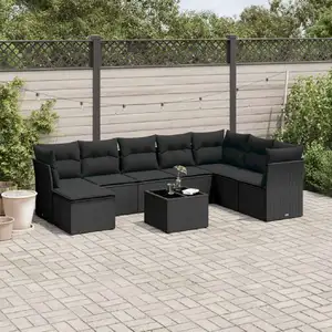 vidaXL Salon de jardin 9 pcs avec coussins noir résine tressée pas cher
