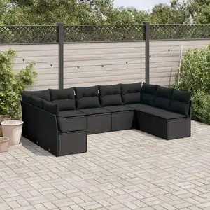 vidaXL Salon de jardin 9 pcs avec coussins noir résine tressée pas cher