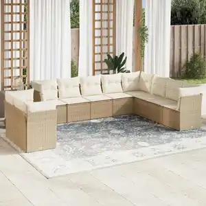 vidaXL Salon de jardin avec coussins 10 pcs beige résine tressée pas cher