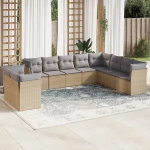 vidaXL Salon de jardin avec coussins 10 pcs beige résine tressée pas cher