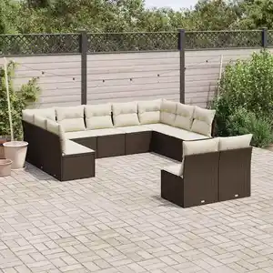 vidaXL Salon de jardin et coussins 11 pcs marron résine tressée pas cher