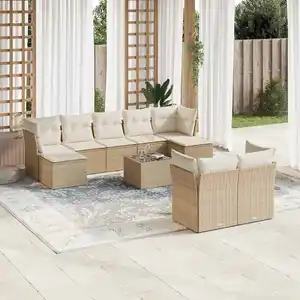 vidaXL Salon de jardin avec coussins 10 pcs beige résine tressée pas cher