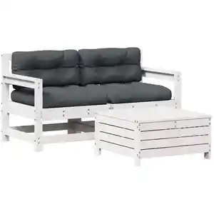 vidaXL Salon de jardin 3 pcs avec coussins blanc bois de pin massif pas cher