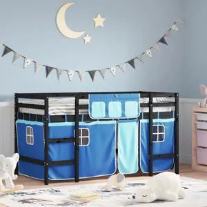 vidaXL Lit mezzanine enfants et rideaux bleu 90x190cm bois pin massif pas cher