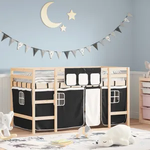 Comparateur de prix : vidaXL Lit mezzanine enfants et rideaux blanc/noir 90x190cm pin massif