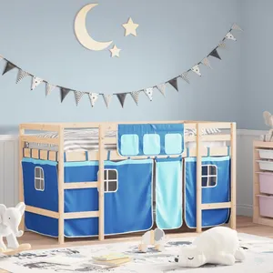 Comparateur de prix : vidaXL Lit mezzanine enfants et rideaux bleu 90x190cm bois pin massif