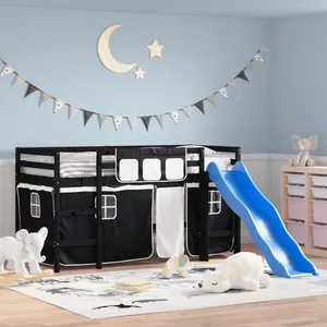 vidaXL Lit mezzanine enfants et rideaux blanc/noir 80x200cm pin massif pas cher