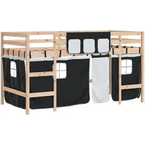 Comparateur de prix : vidaXL Lit mezzanine enfants et rideaux blanc/noir 80x200cm pin massif
