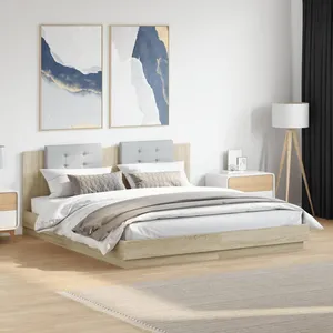vidaXL Cadre de lit tête de lit et lumières LED chêne sonoma 180x200cm pas cher
