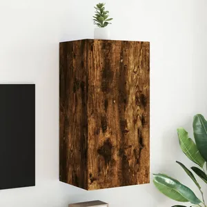 vidaXL Meuble TV mural avec lumières LED chêne fumé 40,5x35x80 cm pas cher