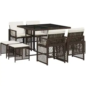 vidaXL Ensemble à manger de jardin et coussins 9 pcs marron poly rotin pas cher