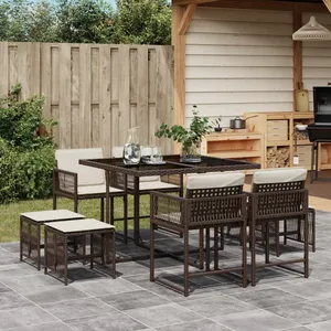 vidaXL Ensemble à manger de jardin et coussins 9 pcs marron poly rotin pas cher