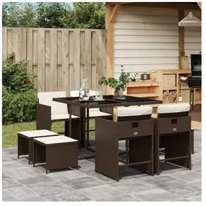 vidaXL Ensemble à manger de jardin et coussins 9 pcs marron poly rotin pas cher