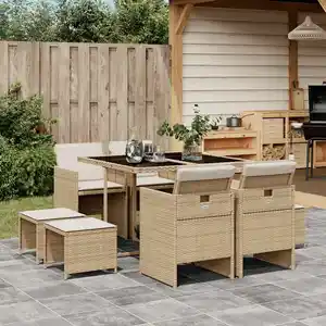vidaXL Ensemble à manger de jardin et coussins 9 pcs beige Poly rotin pas cher