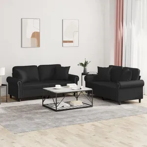 vidaXL Ensemble de canapés 2 pcs avec coussins noir similicuir pas cher