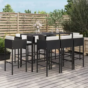 vidaXL Ensemble de bar de jardin 9 pcs avec coussins noir poly rotin pas cher