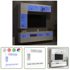 The Living Store Meuble TV 7 pièces avec lampes LED blanc pas cher