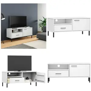 vidaXL Meuble tv avec pieds en métal Blanc Bois de pin massif oslo - meuble tv - meubles tv - Home & Living - Blanc pas cher