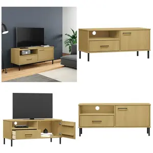 vidaXL Meuble tv avec pieds en métal Marron Bois de pin massif oslo - meuble tv - meubles tv - Home & Living - Brun pas cher