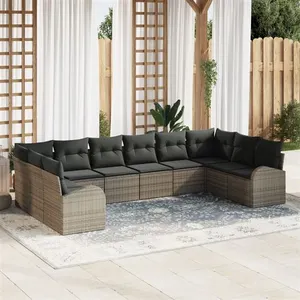 vidaXL Ensemble de Canapés de Jardin 10 Pièces avec Coussins Gris Poly Rattan pas cher