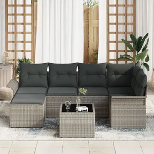 vidaXL Ensemble de Canapés de Jardin 7 Pièces avec Coussins Gris Poly Rattan pas cher