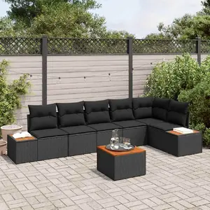 vidaXL Canapé de Jardin 7 Pièces avec Coussins Noir Rattan Poly Acacia pas cher