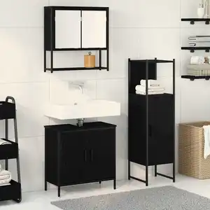 vidaXL Ensemble de mobilier de salle de bain avec étagère 3 pcs Noir pas cher
