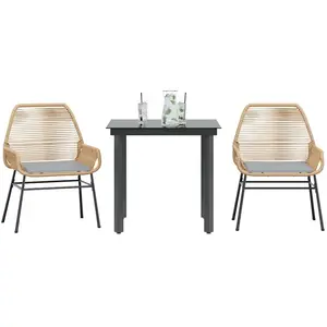 vidaXL Ensemble à manger jardin coussins 3pcs marron poly rotin verre pas cher