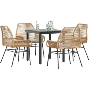 vidaXL Ensemble à manger jardin coussins 5pcs marron poly rotin verre pas cher