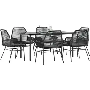 vidaXL Ensemble à manger de jardin coussins 7pcs noir poly rotin verre pas cher