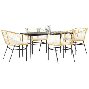 vidaXL Ensemble à manger jardin coussins 5pcs marron poly rotin verre pas cher