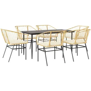 vidaXL Ensemble à manger jardin coussins 7pcs marron poly rotin verre pas cher