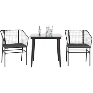 vidaXL Ensemble à manger de jardin et coussins 3 pcs noir rotin verre pas cher
