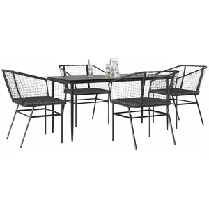 vidaXL Ensemble à manger de jardin et coussins 5 pcs noir rotin verre pas cher