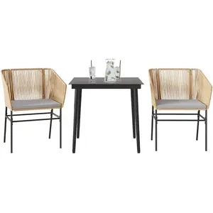vidaXL Ensemble à manger jardin coussins 3pcs marron poly rotin verre pas cher