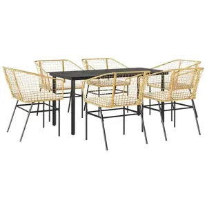 vidaXL Ensemble à manger jardin coussins 7pcs marron poly rotin verre pas cher