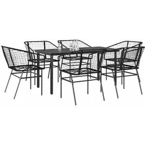 vidaXL Ensemble à manger de jardin 7pcs noir poly rotin verre pas cher