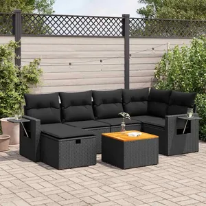 vidaXL Salon de jardin 7 pcs avec coussins noir résine tressée pas cher