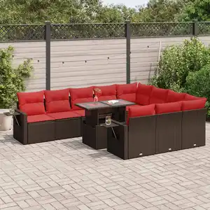 vidaXL Salon de jardin et coussins 11 pcs marron résine tressée acacia pas cher