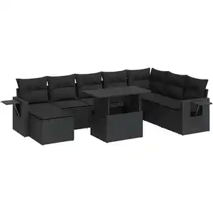 vidaXL Salon de jardin 9 pcs avec coussins noir résine tressée pas cher