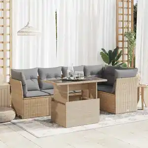 vidaXL Salon de jardin avec coussins 6 pcs beige résine tressée pas cher