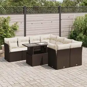 vidaXL Salon de jardin avec coussins 9 pcs marron résine tressée pas cher