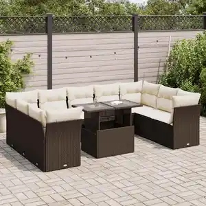 vidaXL Salon de jardin 10 pcs avec coussins marron résine tressée pas cher
