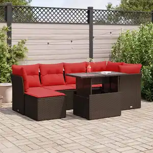vidaXL Salon de jardin avec coussins 7pcs marron résine tressée acacia pas cher
