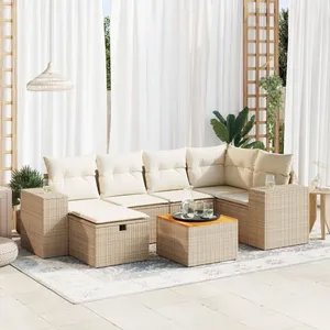 vidaXL Salon de jardin avec coussins 7 pcs beige résine tressée pas cher