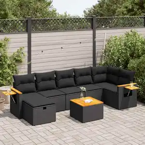 vidaXL Salon de jardin 8 pcs avec coussins noir résine tressée pas cher